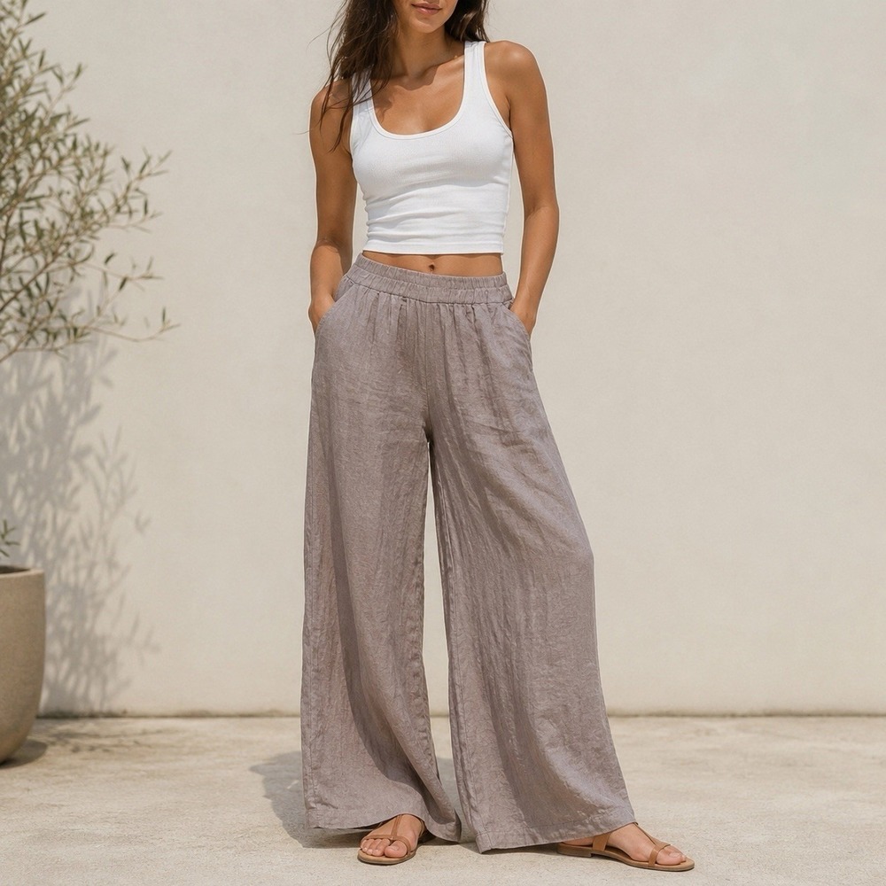 Match Point USA Small Linen Wide Leg Pants Lagenlook Elastic Waist Oversized EUC